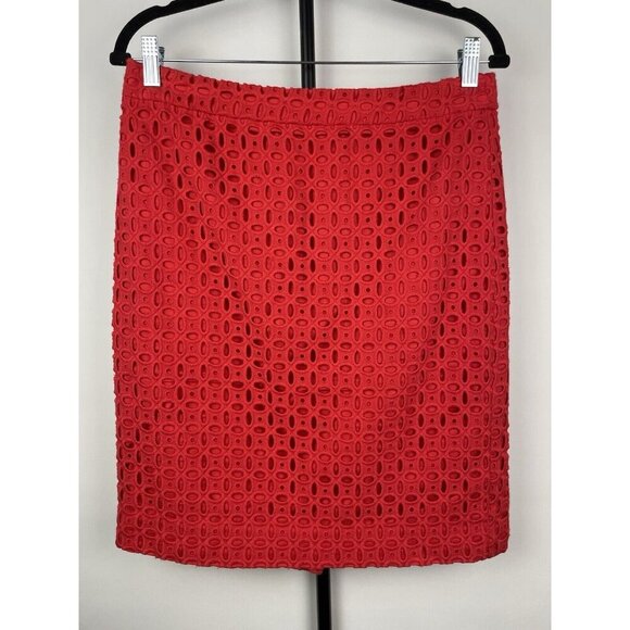 J. Crew Red Eyelet No. 2 Knee Length Back Center Slit Pencil Skirt Size 6 - Picture 1 of 8